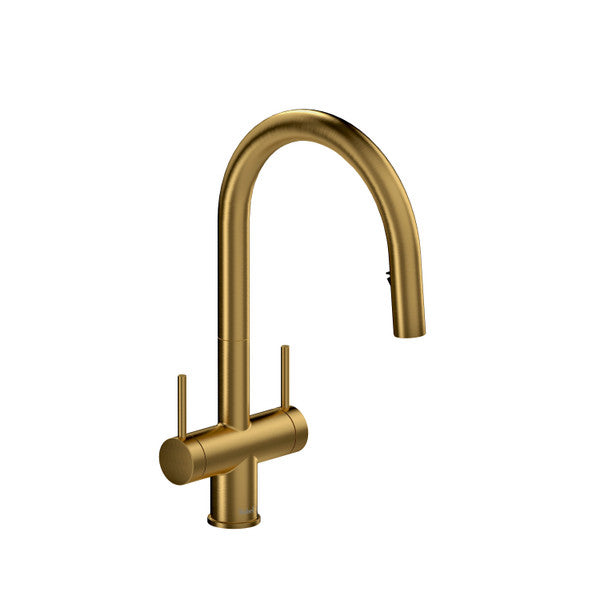 Gold kitchen faucet with curved spout and dual handles