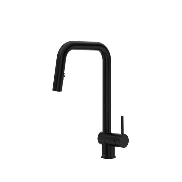 Modern black kitchen faucet with a curved spout and single handle.