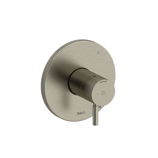 Modern wall-mounted shower control valve in brushed nickel finish