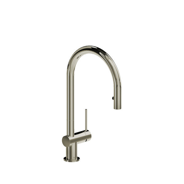 Modern stainless steel kitchen faucet with a high arc and single lever handle.