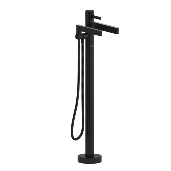 Modern black freestanding bathtub faucet with a handheld shower attachment.