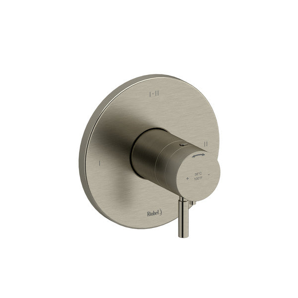 Modern shower valve control with a round plate and sleek handle.