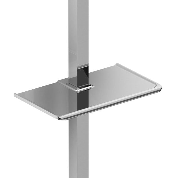 A sleek silver shelf mounted on a vertical pole.