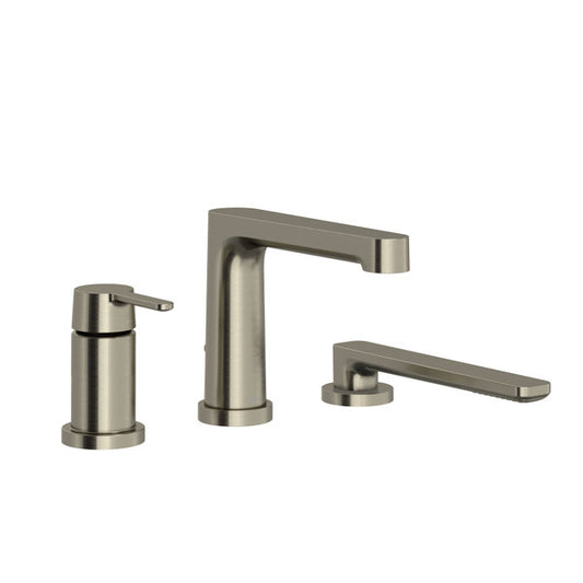 Three modern faucet fixtures in a brushed nickel finish.