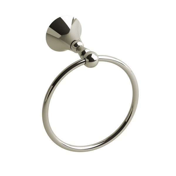 Polished metal towel ring mounted on a wall.