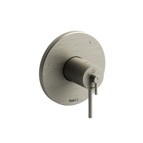 Modern wall-mounted faucet control in brushed metal finish.