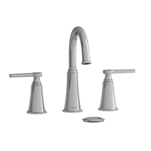 A sleek chrome faucet set with a high arch spout and two lever handles.