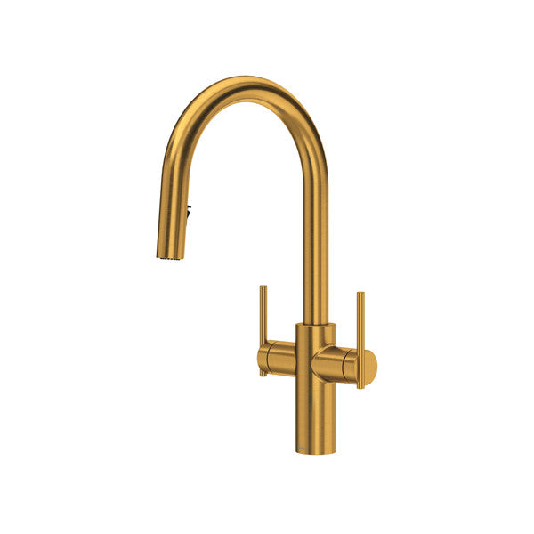 Gold kitchen faucet with dual handles