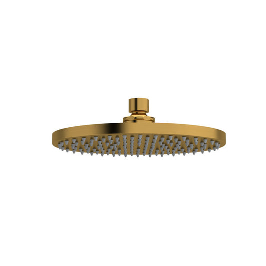Modern round gold showerhead with multiple water jets.