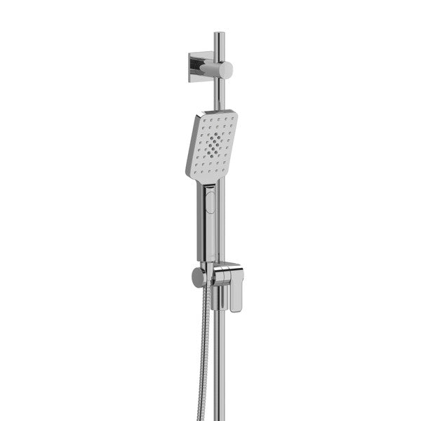 Wall-mounted showerhead with adjustable height and handheld option.