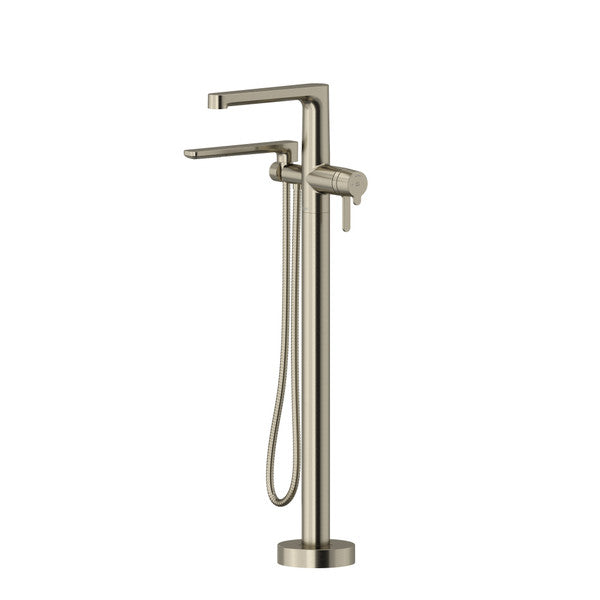 Modern floor-mounted bathtub faucet with a sleek design and handheld shower attachment.