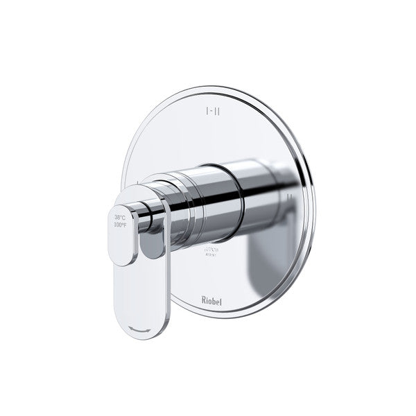 A modern chrome shower valve with a sleek design.