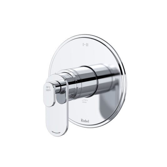 A modern chrome shower valve with a sleek design.
