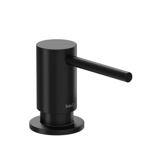 Modern black soap dispenser with a cylindrical design and lever