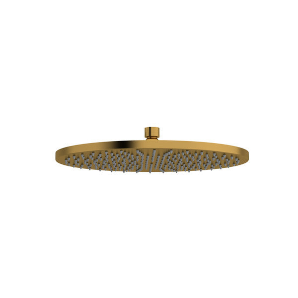 Round gold shower head with a textured surface.