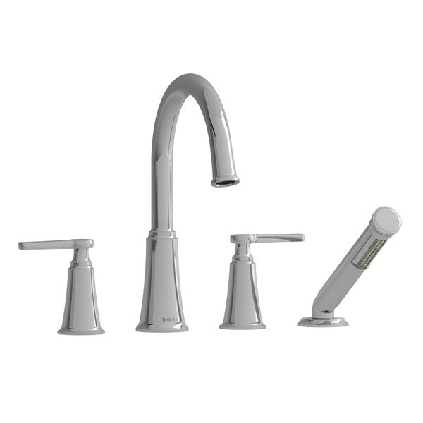 Modern kitchen faucet set with a pull-down sprayer and two handles.