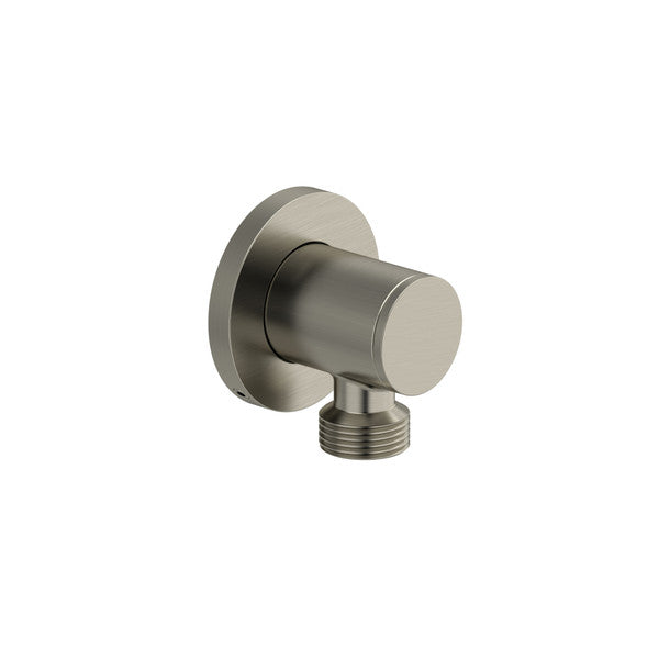 A modern brushed nickel wall faucet with a cylindrical design.