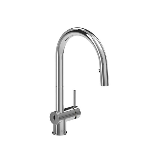 Modern chrome kitchen faucet on white background.