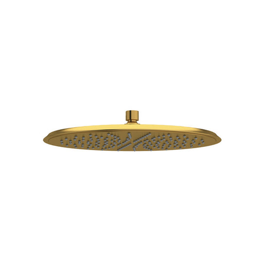 Gold showerhead with a flat, round design and multiple water outlets.