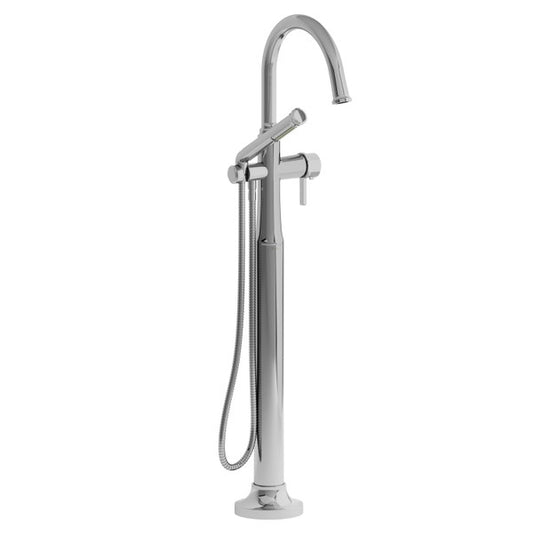 A modern chrome floor-mounted bathtub faucet with a handheld shower.