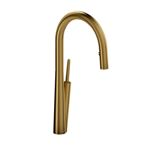 A sleek, modern gold kitchen faucet.
