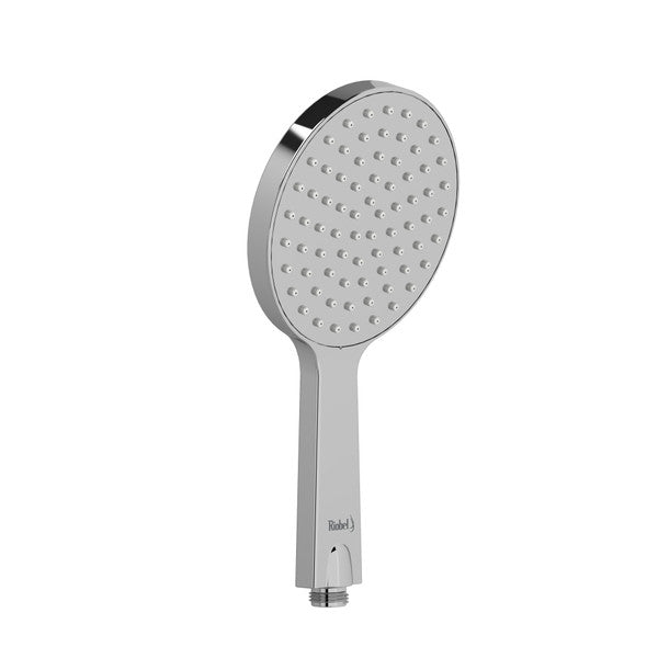 A modern showerhead with a round shape and textured surface.