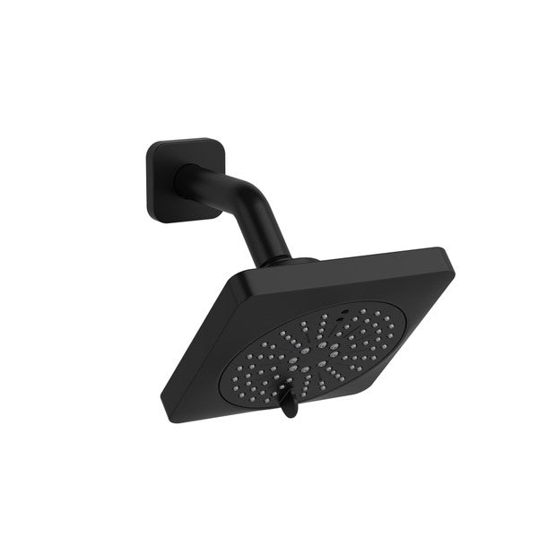 A modern black square shower head with a curved arm