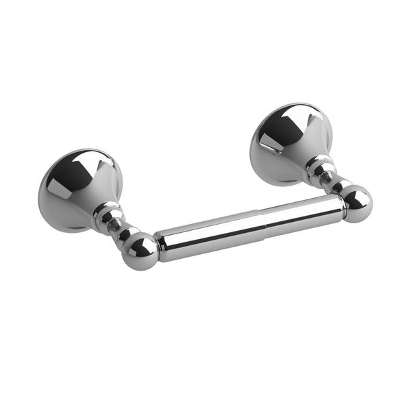 A shiny chrome towel bar with rounded mounts.