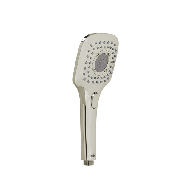 A sleek, modern handheld showerhead with a polished finish and multiple spray nozzles.