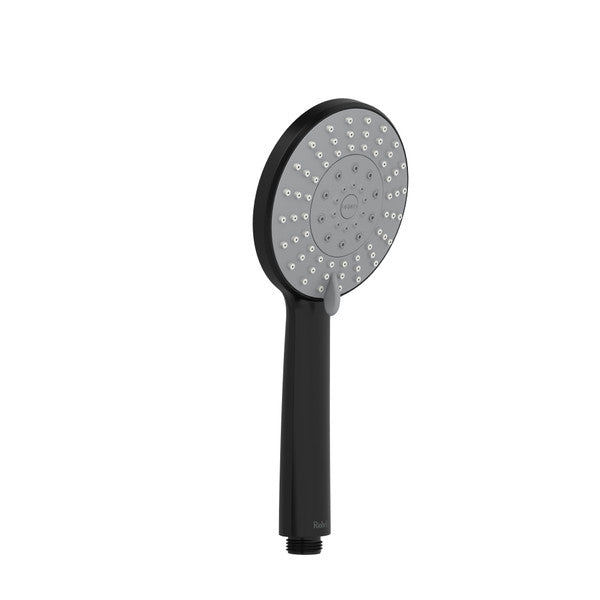 Black showerhead with a round, textured face and a long handle.