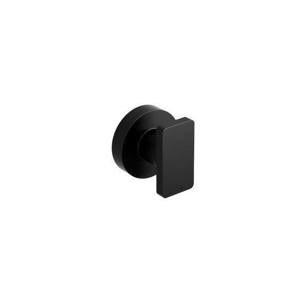 A sleek black wall hook with a circular base and a rectangular hook.