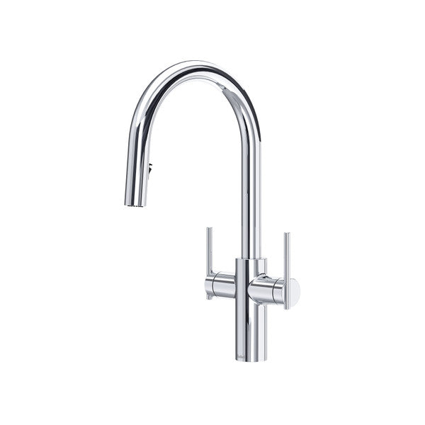 Modern chrome kitchen faucet with dual handles