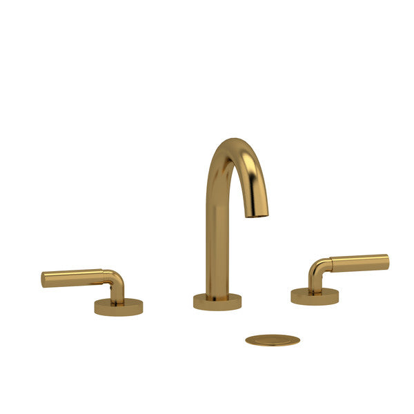 Modern gold bathroom faucet with two handles and a drain cover.