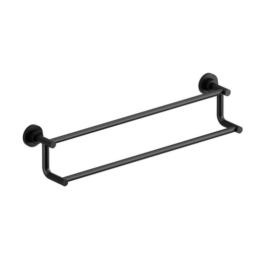 A sleek black towel bar designed for bathroom use.