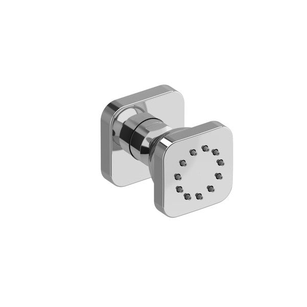 Square chrome door knob with a decorative pattern.