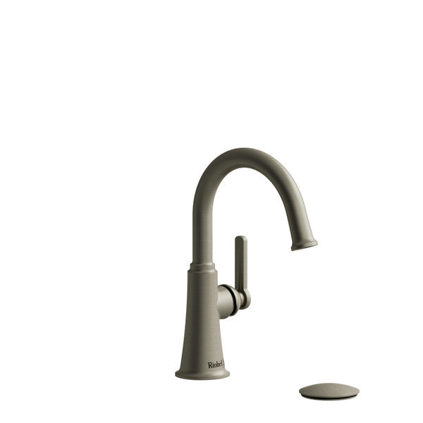 A modern kitchen faucet with a curved spout and lever handle.
