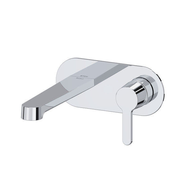 Modern chrome wall-mounted faucet with a single lever control.