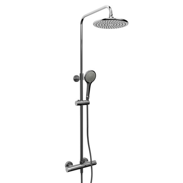 Modern chrome shower system with overhead and handheld options