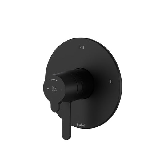 Modern black wall-mounted faucet with temperature and flow controls.