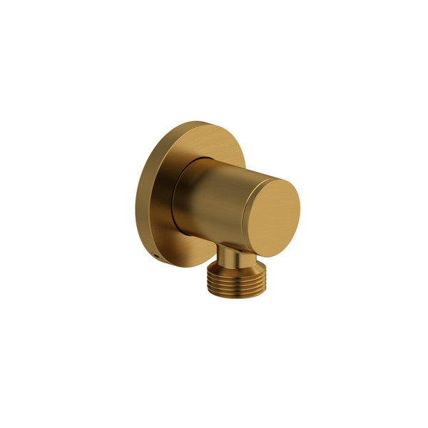 Close-up of a gold-colored wall-mounted faucet connector.