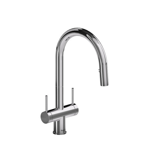 Modern chrome kitchen faucet with dual handles