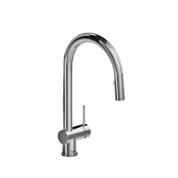 Modern chrome kitchen faucet with a high-arc spout
