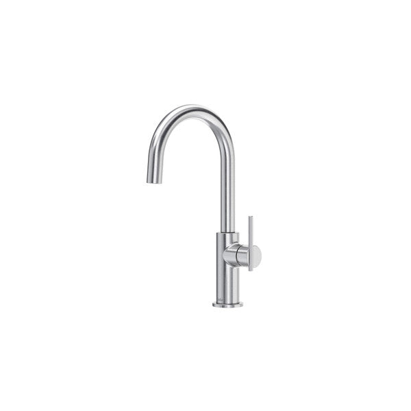 Chrome kitchen faucet with curved spout