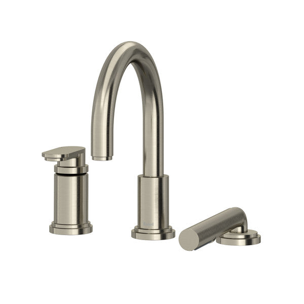 Modern bathroom faucet set with a curved spout and separate handles.