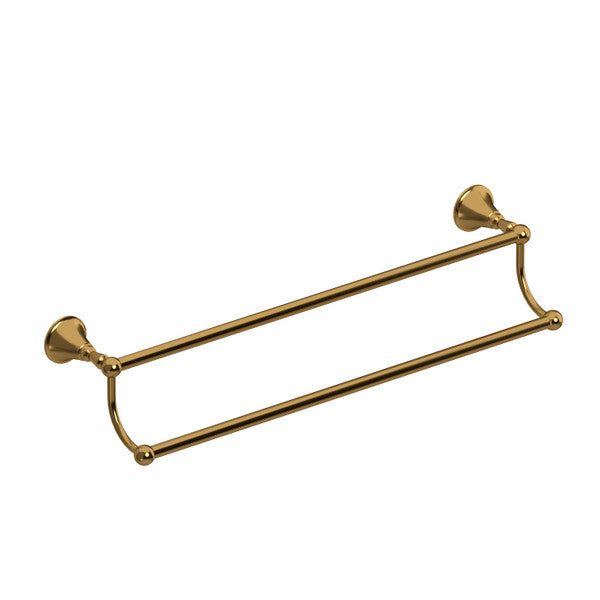 Gold double towel bar with decorative wall mounts