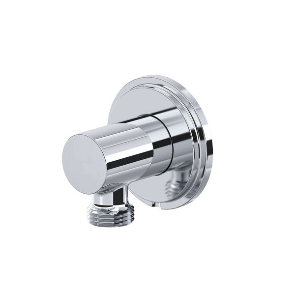 Close-up of a shiny chrome wall-mounted faucet outlet
