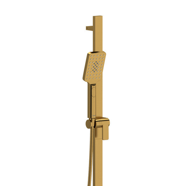 Gold showerhead with a handheld spray on a vertical rail