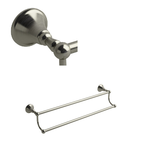 A brushed nickel towel bar with wall mounts.