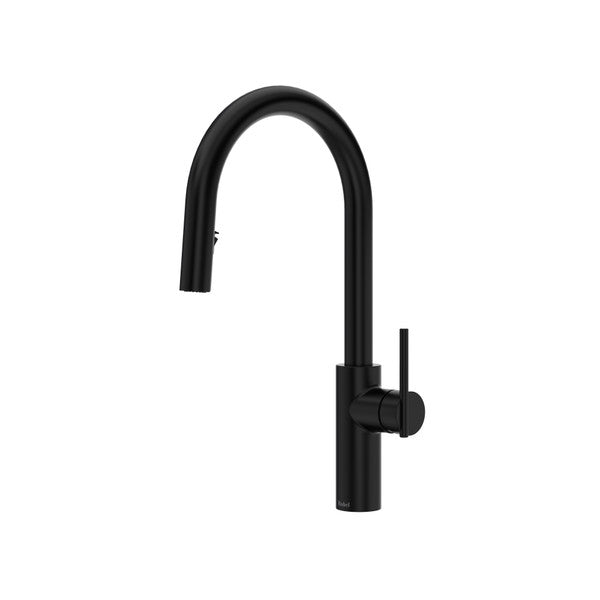 Black modern kitchen faucet with curved spout