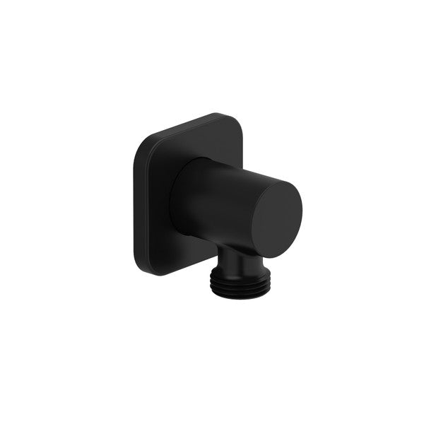Black wall-mounted water tap with a square base.